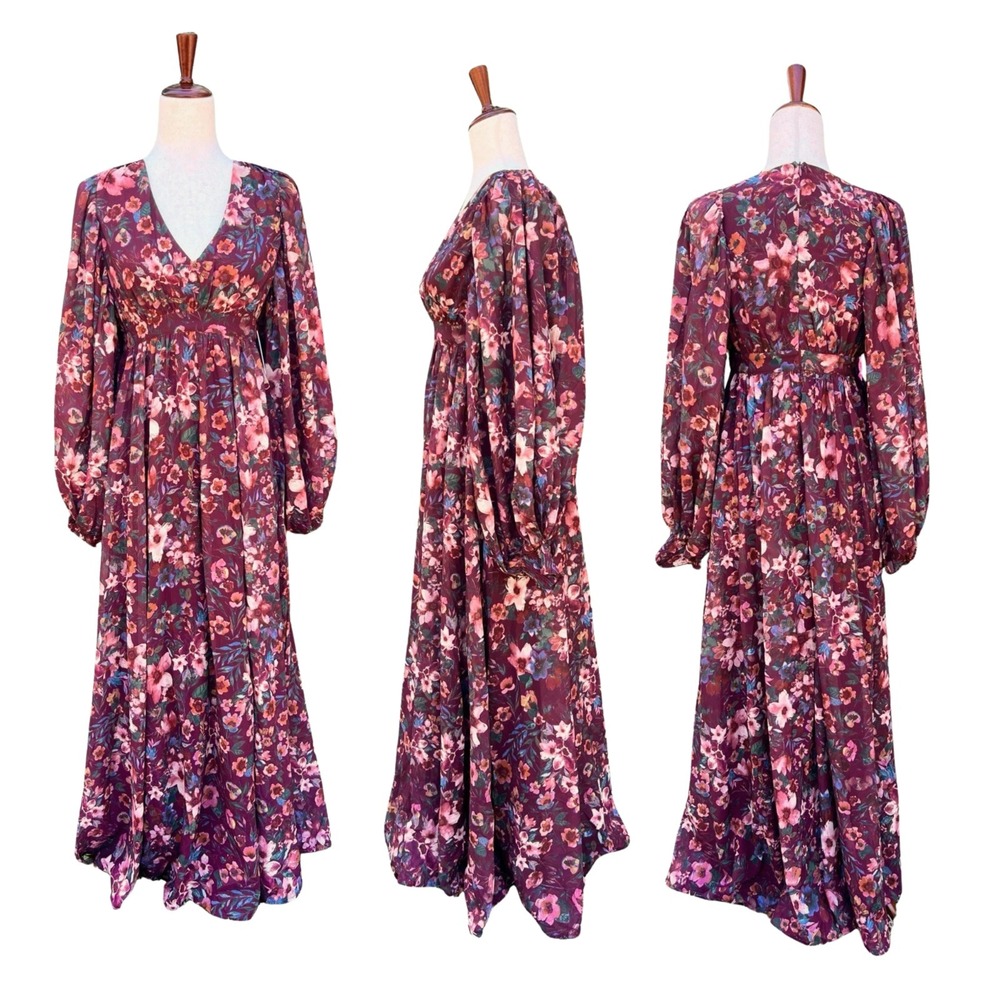 Aura Maxi Dress Colorful Floral XS V-Neck Empire Waist Balloon Sleeve Prairie - Picture 2 of 13